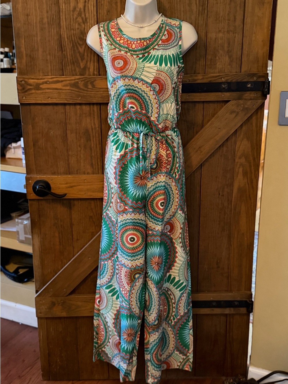 Women’s Short-Sleeve Printed Jumpsuit in Green and Coral